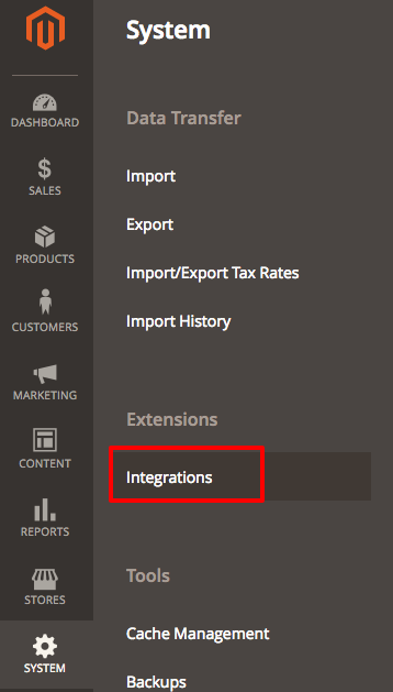 Menu to get to the Magento Ingegrations Page